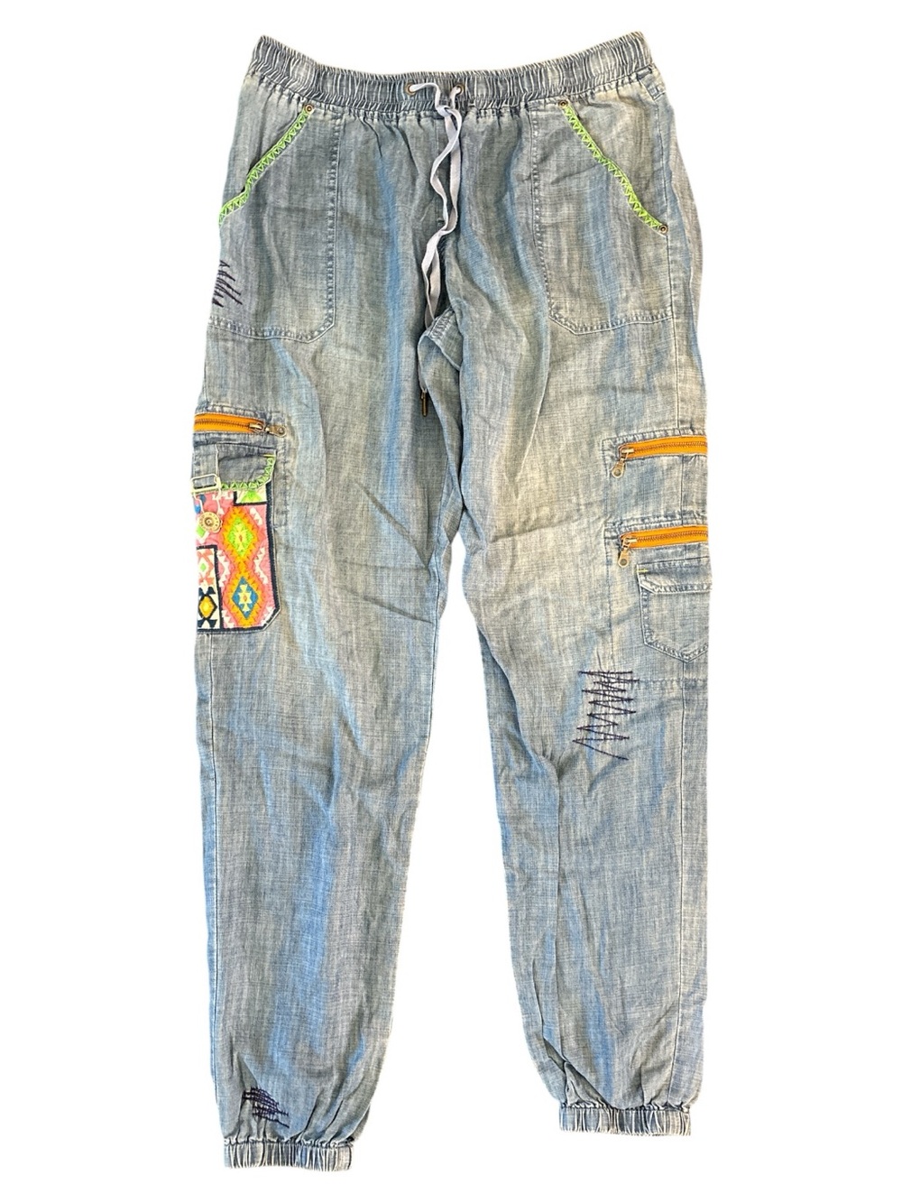 Double D Ranch Embroidered Waist Tie Denim Joggers Size Large NWT
